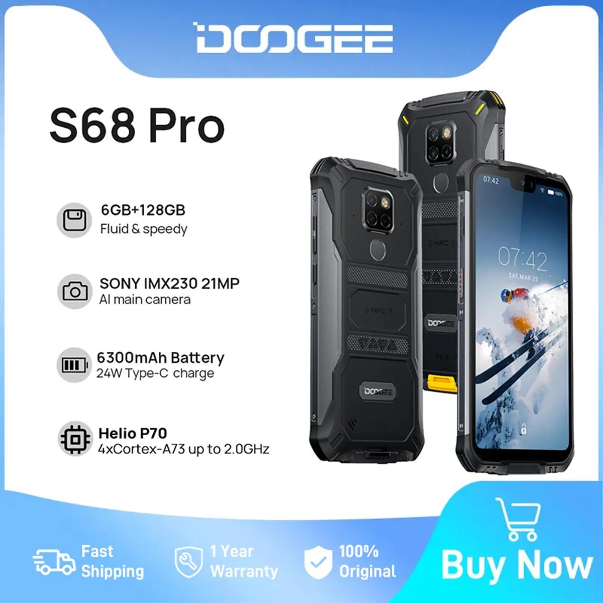 DOOGEE S68 프로 견고한 5.9 인치 FHD 디스플레이, 헬리오 P70 옥타코어 21MP AI 트리플 카메라, 6300mAh 배터리, 24W 고속 충전 NFC, 6GB 128GB